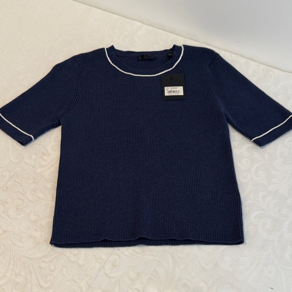 NWT Anthony Thomas Melillo ATM Navy Short-Sleeve Ribbed Sweater with White Trim